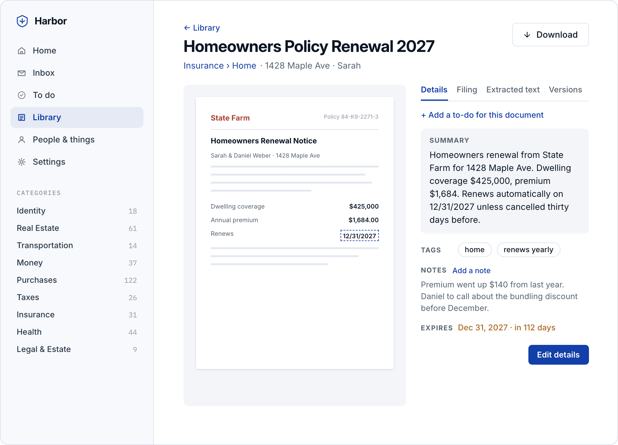 A document in Harbor: the scanned original beside its summary, tags, notes and expiry date.
